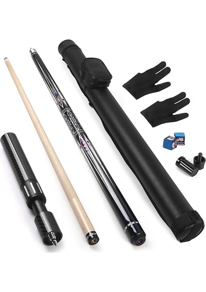 Karbon Fiber Bilardo Istakası Uzantılı, 142 cm Profesyonel Sopa Seti, Aksesuarlar (Siyah Istaka Kılıfı, Eldivenler ve Tebeşirler)