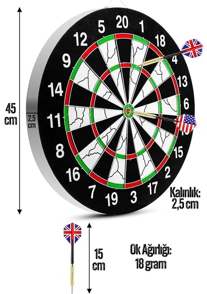 Boy Dart Tahtası Seti 18 Inç Profesyonel Dart Seti + 6 Adet Dart Oku 18GR fırsatları