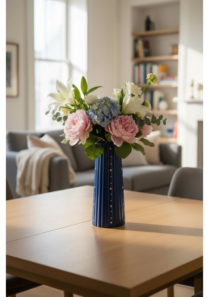 Lacivert-Gold Kabartma Dokulu Çizgili Dekoratif Vazo 17X7 cm