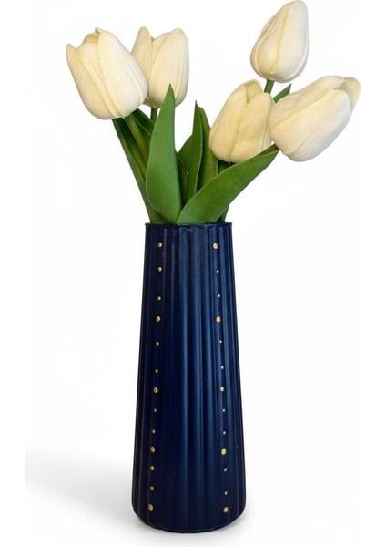 Lacivert-Gold Kabartma Dokulu Çizgili Dekoratif Vazo 17X7 cm fırsatları