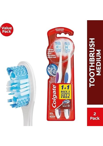 360 Optik Beyaz Dil ve Yanak Temizleyicili Orta Beyazlatıcı Diş Fırçası 1+1 fiyatları