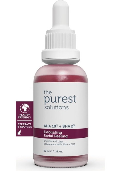 Purest Solutions, Aha &amp; Bha Canlandırıcı &amp; Cilt Tonu Eşitleyici Kırmızı Peeling Cilt Bakım Serumu 30 ml (Aha 10% + Bha 2%)