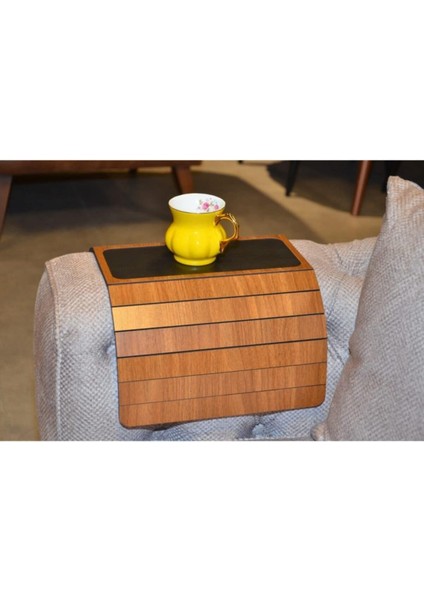 Ex Koyu Ceviz Ahşap Katlanır Kaydırmaz Deri Yüzeyli Portatif Yan Sehpa 50 cm x 27.8 cm