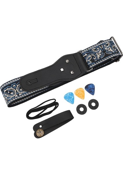 Vintage Işlemeli Gitar Askısı Geniş Gitar Kemer Jakarlı Örgü Askı Uzunluğu Ayarlanabilir Gitar Omuz Elektrik Gitar Bas Için (Blue)