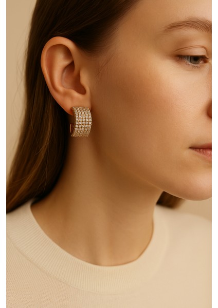 Rose Gold Yarım Tur Zirkon Taşlı Üçlü Sıra Oval Halka Küpe modelleri