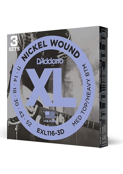 EXL116 Nikel Sargı Elektrikli Gitar Teli, Orta Üst/ağır Alt, 11-52, 3 Set (EXL116-3D)