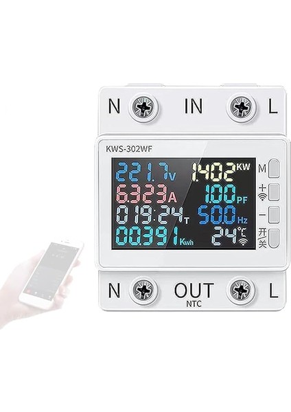 Wifi 8in1 Güç Ölçer Renkli Ekran 2p Çok Işlevli Ac Enerji Ölçer Cep Telefonu Uzaktan App Kontrolü 170-270V/63A Voltaj ve Akım Ölçer Standart Ray Montajı