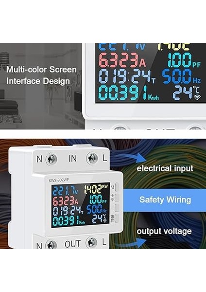 Wifi 8in1 Güç Ölçer Renkli Ekran 2p Çok Işlevli Ac Enerji Ölçer Cep Telefonu Uzaktan App Kontrolü 170-270V/63A Voltaj ve Akım Ölçer Standart Ray Montajı fiyatları
