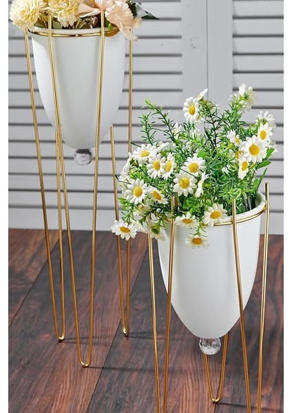 2'li Ayaklı Dekoratif Beyaz Saksı Yeni Model
