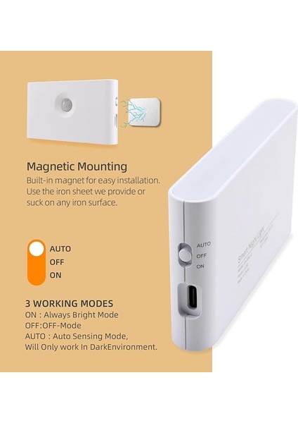 Sensörlü Gece Lambası, 2 x USB Şarj Edilebilir LED Merdiven Işığı, Araba Lambası, Açma/kapama Lambası, Koridor Lambası, 3000 K, Sıcak Beyaz, Koridor, Yatak Odası Için fırsatları