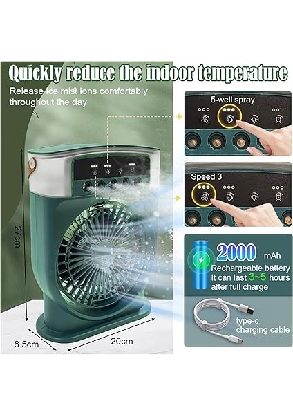 Buharlı Vantilatör - Ultra Güçlü 3 Kademe Soğutucu Fan, 5 Seviye Buhar Üfleme, 600 ml Su Kapasitesi, Uzun Şarj Ömrü, 180 Derece Manevralı, Ev Ofis Kamp Için Kablosuz Portatif Vantilatör modelleri