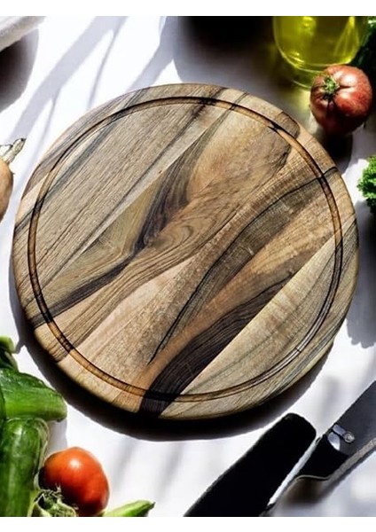 Woodart Ceviz Ağacı 34 cm Oluklu Yuvarlak Rustik Doğal Ahşap Kanallı Pizza Sunum Doğrama Kesme Tahtası fiyatları