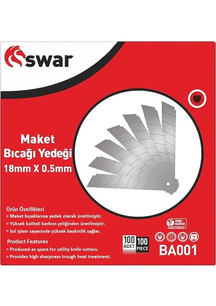 Maket Bıçağı Yedeği, 18 mm x 0,5 Mm, Karbon Çelik, Ultra Keskin, Dayanıklı Uç, 7 Kırımlı, Endüstriyel Kesici Bıçak, Yedek Parça, Ince Detay Kesim (Standart, Adet, 10)