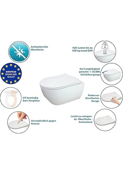 Bagno | Klozet Kapağı ve Wc Oturağı, Otomatik Kapanma Otomatiği Ile, Ab'de Üretilmiştir, Antibakteriyel, D Şeklinde Klozet Kapağı, Çıkarılabilir, Duroplast Wc Gözlüğü, Yumuşak Kapanma, Beyaz | Thın fırsatları