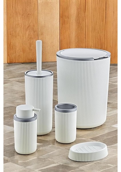 5 Parça Lüx Plastik Banyo Seti 7 Litre Dokunmatik Çöp Kovalı, Antibakteriyel Fırça (Siyah-Gri) (Beyaz-Gri) modelleri