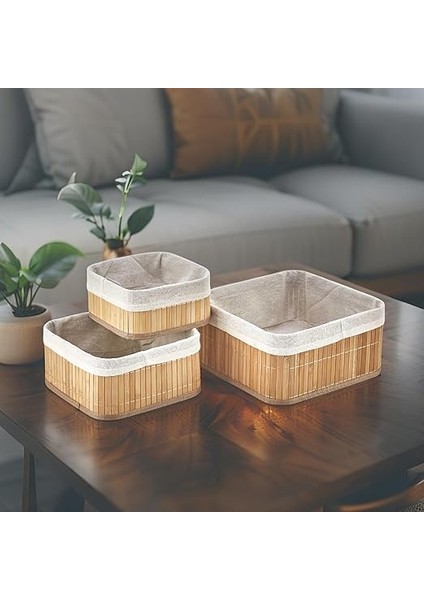 Bambu Çok Amaçlı Saklama Kutusu 3'lü Set, Düzenleyici Kare Derin Boy Organizer, Dekoratif Bambu Düzenleyici 3 Boy Doğal Renk (25CM*25CM*12CM-2CM*2CM*10CM-17CM*17CM* 8cm) fiyatları