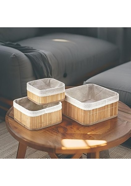 Bambu Çok Amaçlı Saklama Kutusu 3'lü Set, Düzenleyici Kare Derin Boy Organizer, Dekoratif Bambu Düzenleyici 3 Boy Doğal Renk (25CM*25CM*12CM-2CM*2CM*10CM-17CM*17CM* 8cm) indirimleri