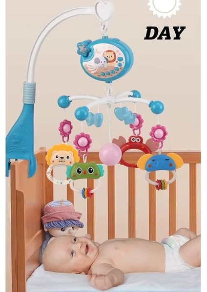 Pilli Işıklı Müzikli Projektörlü Kumandalı Sabitlemeli Dönence Çıngıraklı Dişlikli Bebek Yatıştırıcı Zaman Ayarlı (Mavi) fırsatları