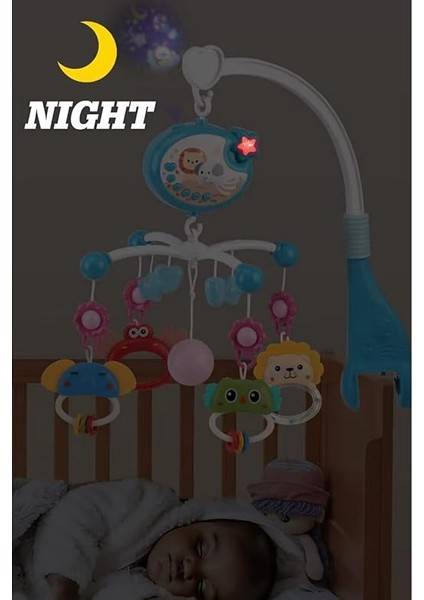 Pilli Işıklı Müzikli Projektörlü Kumandalı Sabitlemeli Dönence Çıngıraklı Dişlikli Bebek Yatıştırıcı Zaman Ayarlı (Mavi) indirimleri
