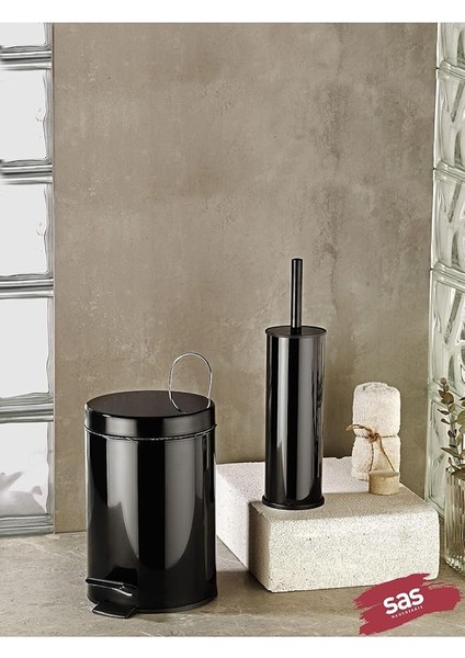 Çöp Kovası Tuvalet Wc Fırçası Banyo Çöp Kovası 2'li Banyo Seti Siyah 5 Litre