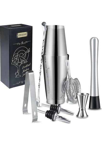 Boston Kokteyl Çalkalayıcı Seti|8 Parça Kokteyl Yapma Seti Paslanmaz Çelik 700/600 Mlshakers|barmen Kiti Bar Alet Seti Süzgeçli, Dökücü, Çamurluk, Çift Jigger, Evde Karıştırma Kaşığı ve Barda Hediye