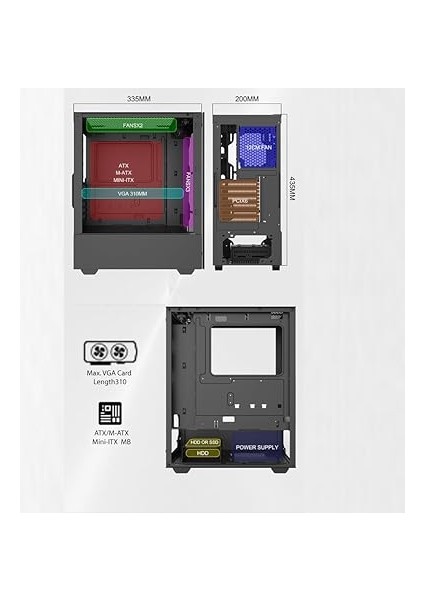 Phoenix 4* Rgb Fanlı Atx-Mini Atx Itx Uyumlu Mid Tower Gaming Oyuncu Bilgisayar Kasası Psu'suz indirimleri
