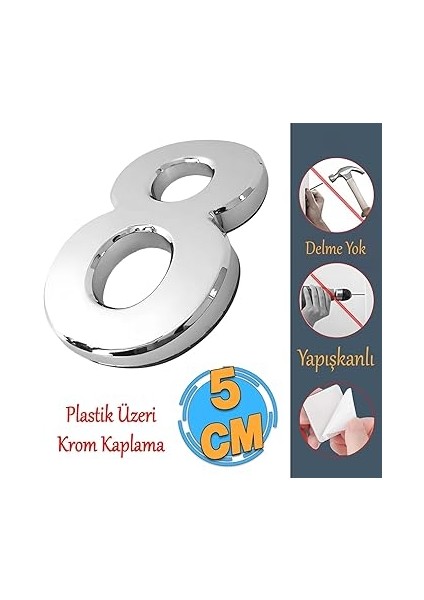 Kapı Numarası Küçük Boy 50 mm 5 cm Numara 8 Rakam Sekiz Sayı Krom Renk Numaralar 1 Adet fırsatları