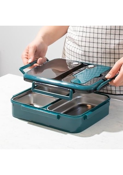1392 Çelik Isı Yalıtımlı 3 Bölmeli Yemek Termosu Beslenme Kutusu Lunchbox Sefer Tası - Yeşil fiyatları