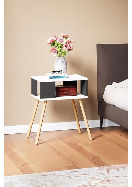 Ahşap Ayaklı Dekoratif Raflı Komodin - Beyaz - Antrasit Gri