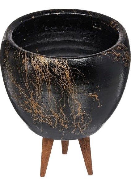 Siyah Üzeri Gold Mermer Efektli Toprak Saksı, Ikili Set, 3 Ayaklı/ayaksız 16 cm