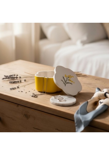 Mimoza Desenli Dekoratif Kapaklı Kutu – 10 cm x 6 cm