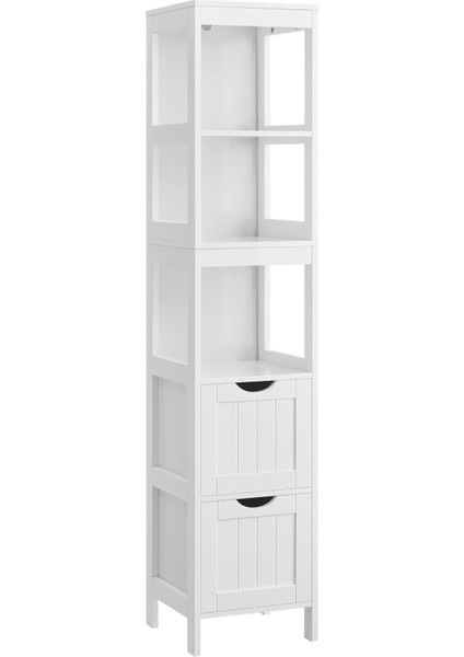 Banyo Için Yüksek Dolap, Ayaklarda Saklama Mobilyası, Dar Sütun, 2 Çekmeceli ve 3 Açık Bölmeli, 30 x 30 x 141,5 Cm, Banyo, Oturma Odası, Mutfak Için, Beyaz BBC66WT