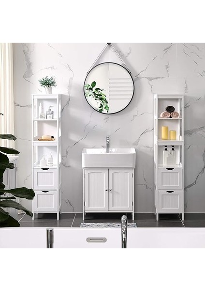 Banyo Için Yüksek Dolap, Ayaklarda Saklama Mobilyası, Dar Sütun, 2 Çekmeceli ve 3 Açık Bölmeli, 30 x 30 x 141,5 Cm, Banyo, Oturma Odası, Mutfak Için, Beyaz BBC66WT fiyatları