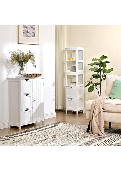 Banyo Için Yüksek Dolap, Ayaklarda Saklama Mobilyası, Dar Sütun, 2 Çekmeceli ve 3 Açık Bölmeli, 30 x 30 x 141,5 Cm, Banyo, Oturma Odası, Mutfak Için, Beyaz BBC66WT fırsatları