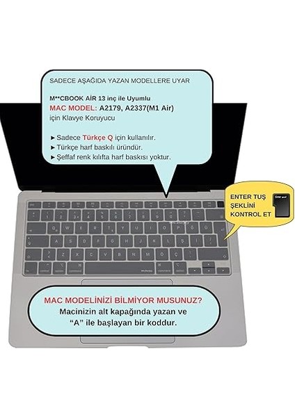 Macbook Air M1 13INÇ Klavye Koruyucu Türkçe Q A2179 A2337 ile Uyumlu Şeffaf fiyatları