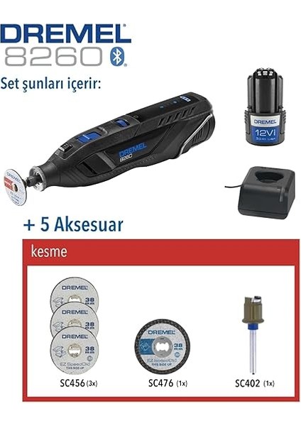 8260 Akülü Dünyanın Akıllı ve Fırçasız Motorlu Ilk Çok Amaçlı El Motoru,12 V 3 Ah Lityum Iyon Akü, 5 Aksesuarlı fırsatları