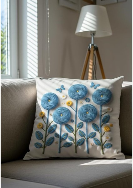 Mavi Çiçek ve Kelebek Desenli Dekoratif Kırlent Kılıfı, 43X43 Cm, 2'li Set, Fermuarlı modelleri