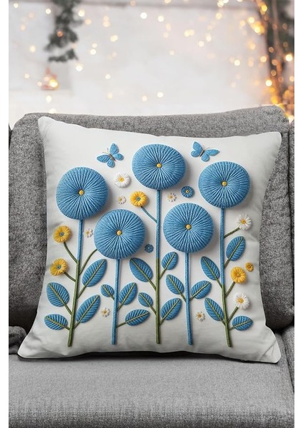 Mavi Çiçek ve Kelebek Desenli Dekoratif Kırlent Kılıfı, 43X43 Cm, 2'li Set, Fermuarlı indirimleri