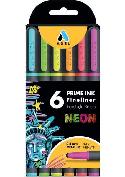 Prime Ink Fineliner 6'lı Neon Klasik Ince Uçlu Kalem