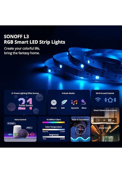 L3 Akıllı Wifi LED Şerit Işıklar, Yatak Odası, Oda Için Alexa LED Şerit Işıklar, 5 M Rgb 5050 Renk Değiştiren LED Işıklar, App/ses Kontrolü fiyatları