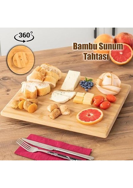 Bambu Peynir Pizza Tahtası Sunum Tahtası 360 Derece Dönen Yuvarlak Lüx Servis 35 x 30 x 1.5 cm fiyatları