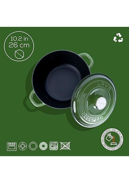 Döküm Yuvarlak Tencere Döküm Demir Kapak New Heritage Serisi ÇAP(Ø)26CM. Yeşil fırsatları