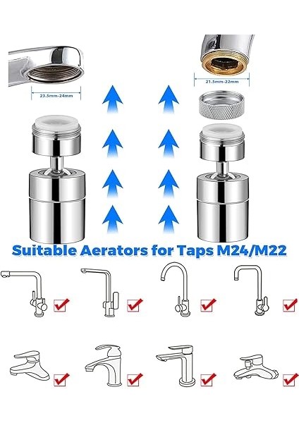 Musluk Başlığı, 360 Derece Musluk Başlığı, Musluk Regülatörü 360° Döndürülebilir, Musluk Su Tasarrufu, Krom M22- M24 Pirinç Musluk Havalandırıcı, Mutfak/banyo Musluğu Için indirimleri