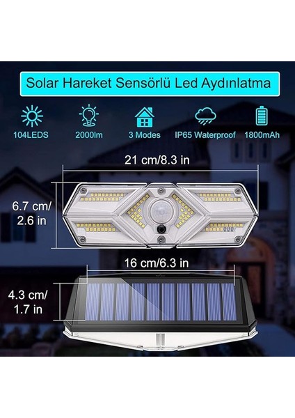 Güneş Enerjili Hareket Sensörlü, 6 Taraflı 104 LED AYDINLATMA/GT-SL13 modelleri