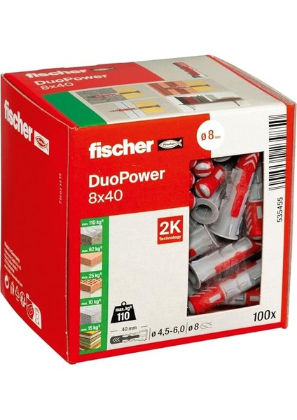 Duopower 8 x 40, Evrensel Dübel, Güçlü 2 Bileşenli Dübel, Beton, Tuğla, Taş, Alçı Yapı Plakaları Vb. Sabitlemek Için Plastik Dübel, Vidasız, 100 Adet