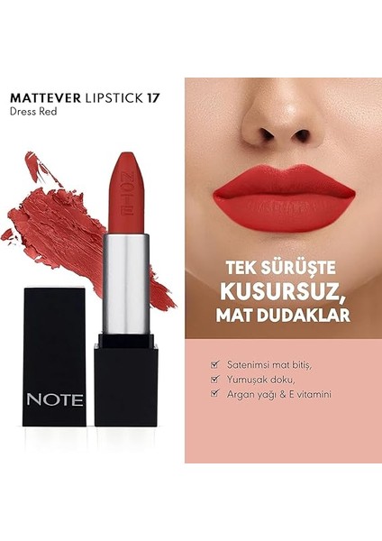 Mattever Lipstick 17 Dress Red Yarı Mat Saten Bitişli Ruj, Kızıl Kahverengi fiyatları
