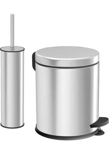Premium Serisi Şık Tasarım Paslanmaz Çelik Çöp Kovası ve Wc Fırçası 2 'li Banyo Seti