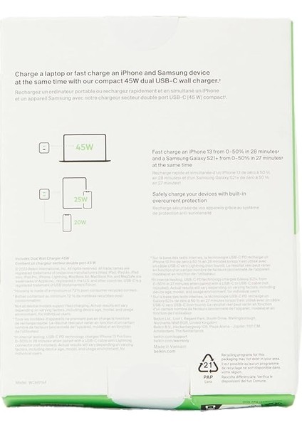 Çift Usb-C Duvar Şarj Cihazı 45W, iPhone 14, 13, 12, Pro, Pro Max, iPad Pro 12.9, 11, Macbook, Galaxy S23, S23+, Ultra, Tab ve Daha Fazlası Için Gan Teknolojili Pd 3.0 Hızlı Şarj modelleri