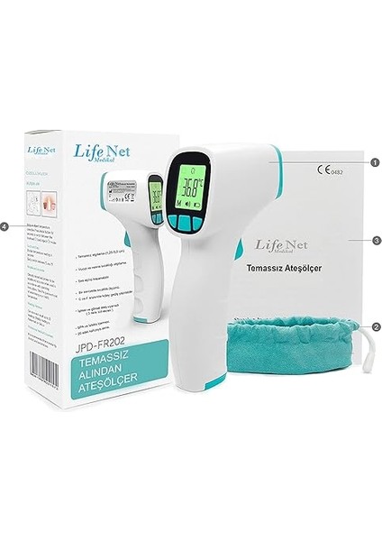 Net Medikal Temassız Ateş Ölçer Kızıl Ötesi ve Alından Termometre JPD-FR202 Turkuaz modelleri