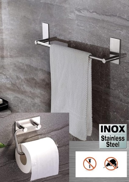 Paslanmaz Çelik 40CM Havluluk ve Tuvalet Kağıtlığı Set - Inox Yapışkan Bant Sistem
